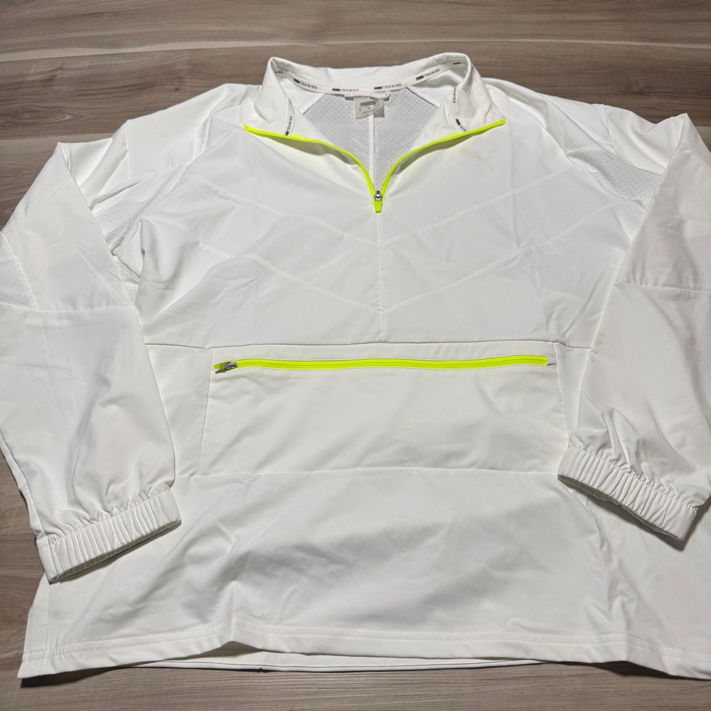 Puma Windbreaker Jacket Mens XL White Neon Yellow 1/4 Zip Training 518441-01